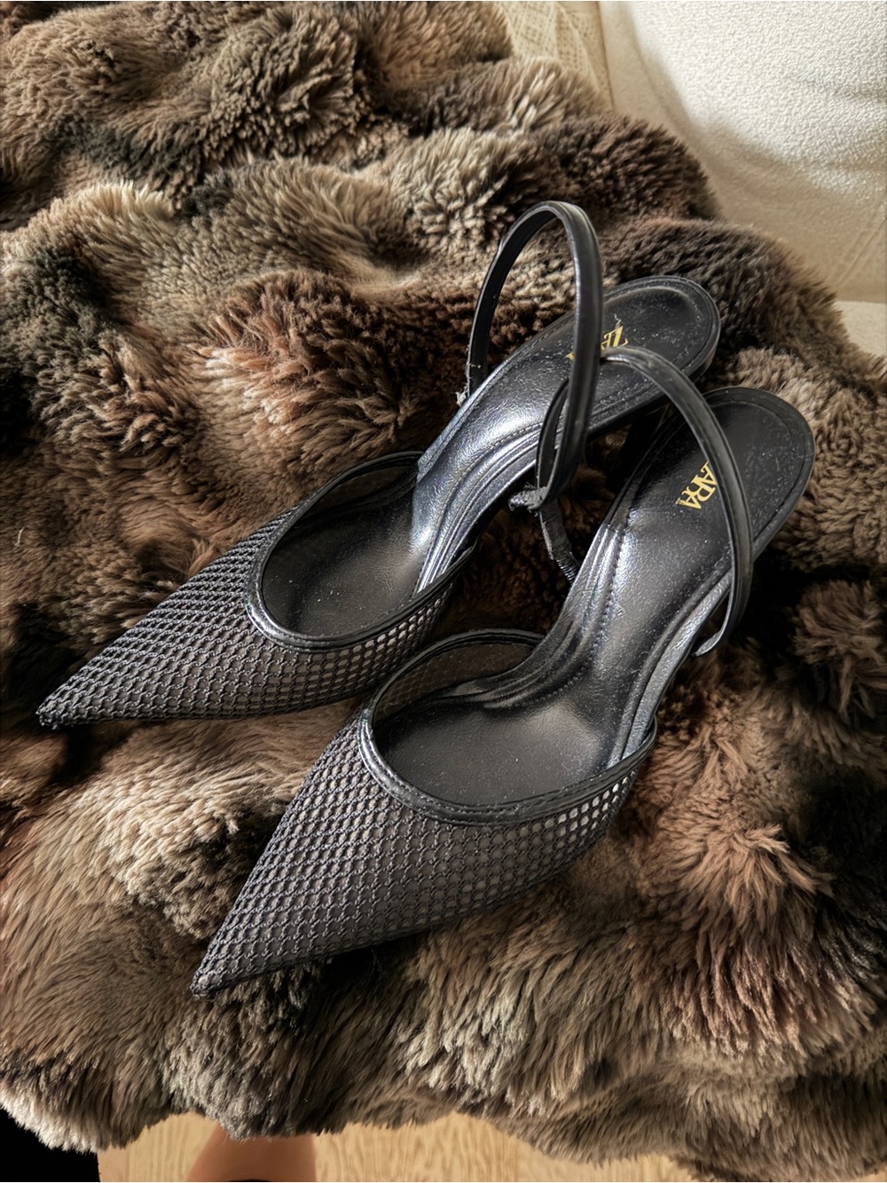 Zara Black Mesh Net Pointed Slingback Heels